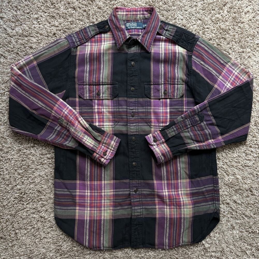 Vintage Polo Ralph Lauren Aztec Plaid Shirt Purple Size M Southwestern Flannel